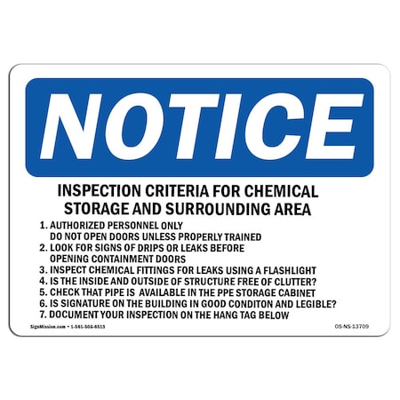 Signmission OSHA Notice, 5" Height, Inspection Criteria For Chemical Storage Sign, 7" X 5", Landscape OS-NS-D-57-L-13709